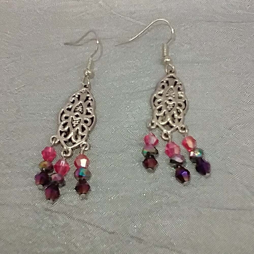 Chandelier Earrings pink & purple crystal beads antique silver tone